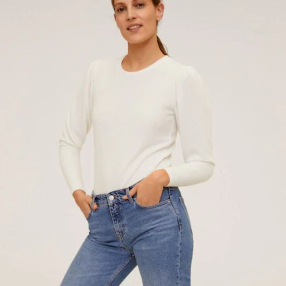 Mango Tops - NWT Mango Puffed Sleeves T-shirt in Off White Malva 67084435